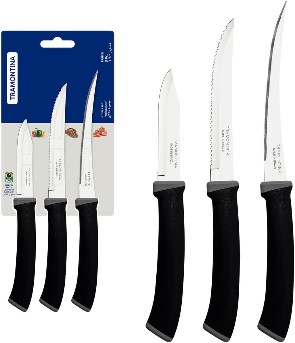 Jogo de Facas, Felice, 3 peças, Inox, Cabo Preto, Tramontina