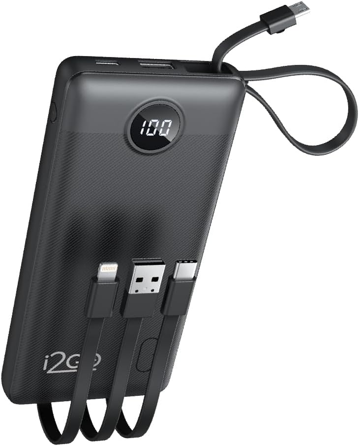 I2GO, Carregador Portátil (Power Bank), 10000mAh, 4 em 1 Com Cabos Acoplados (Micro USB, USB-C, Lightning e USB-A), Preto, i2GO PRO
