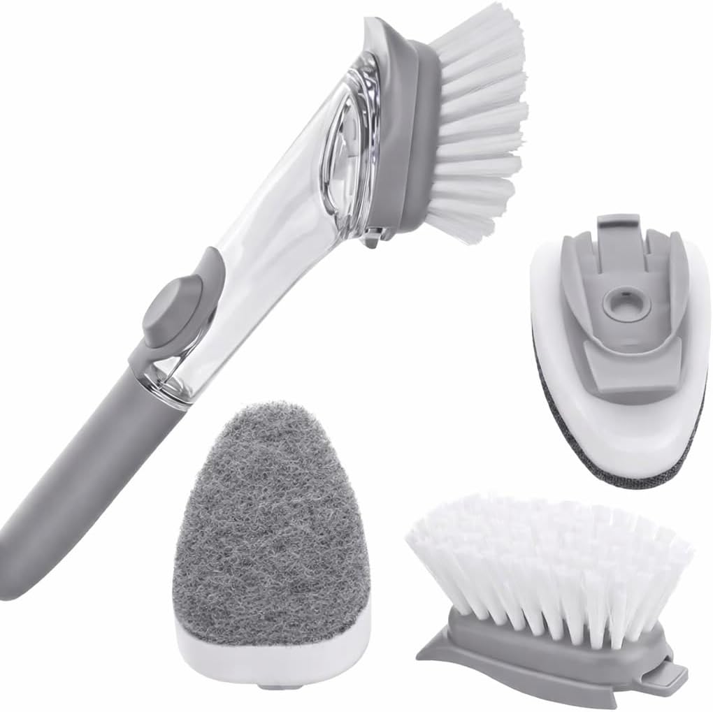 Escova de Limpeza 2 em 1 com Dispenser de Detergente, Cerdas Resistentes de Material Sintético, Multiuso para Cozinha e Lava Louças, Linha Premium, Cor Cinza, Inclui 2 Cabeças Intercambiáveis