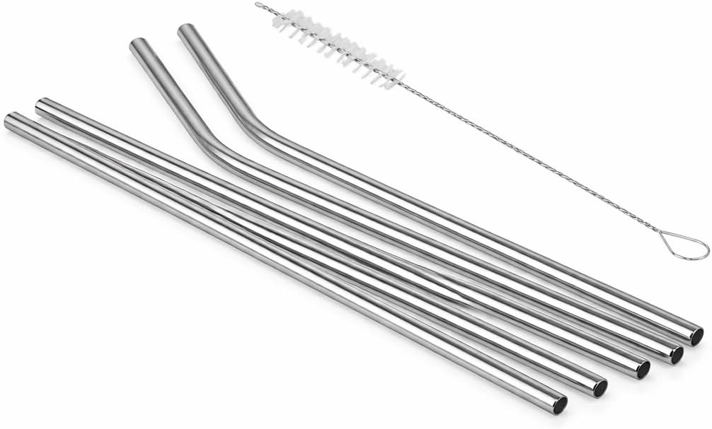 Kit 4 Canudos Inox Reutilizáveis com Escova de Limpeza, 21cm, Curvos e Retos, Sem BPA, Fácil Transporte
