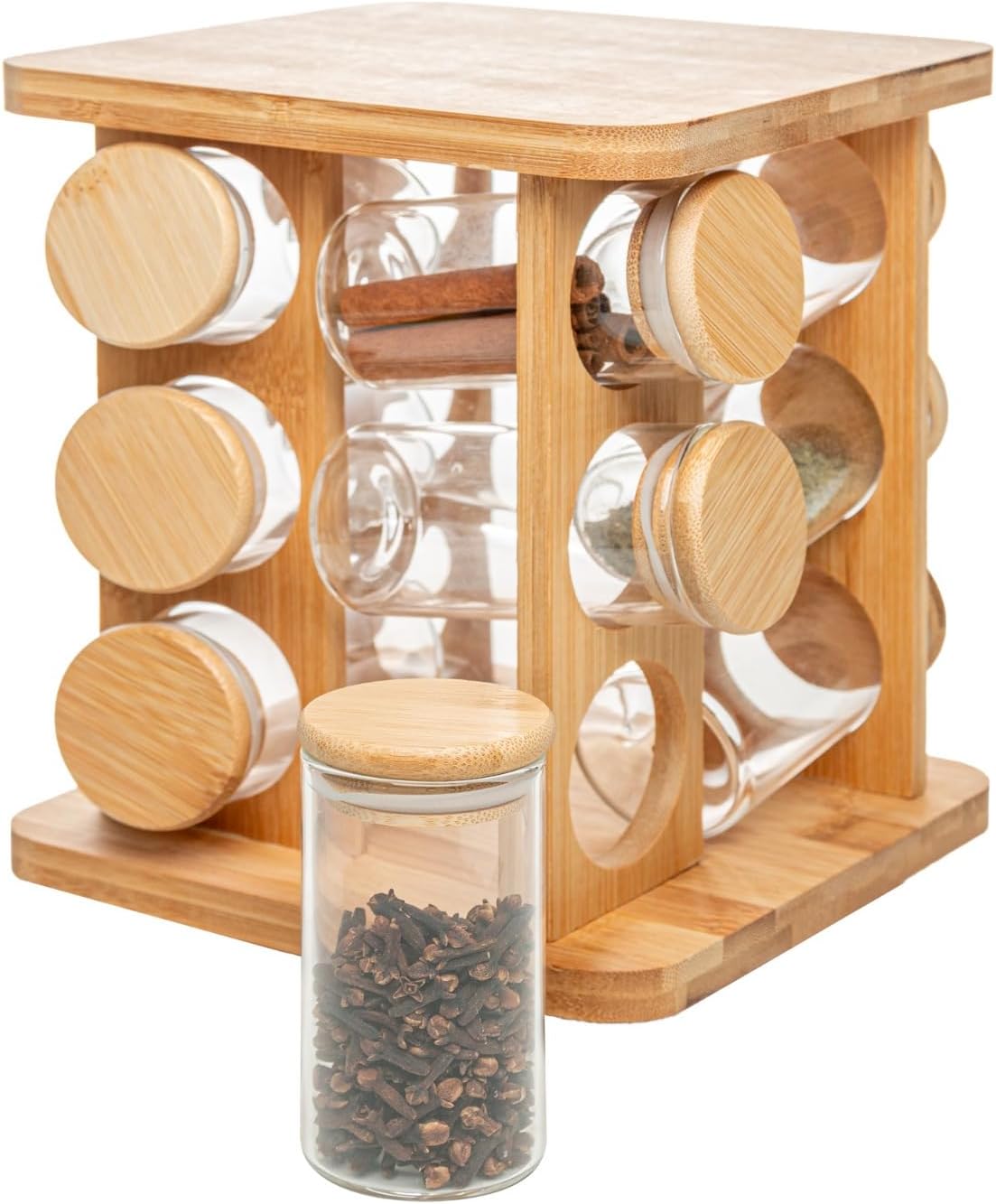 WOLFF - Conjunto 12 Potes em Borossilicato com Tampa Hermética e Rack Giratório em Bambu 120ml - Porta temperos com suporte