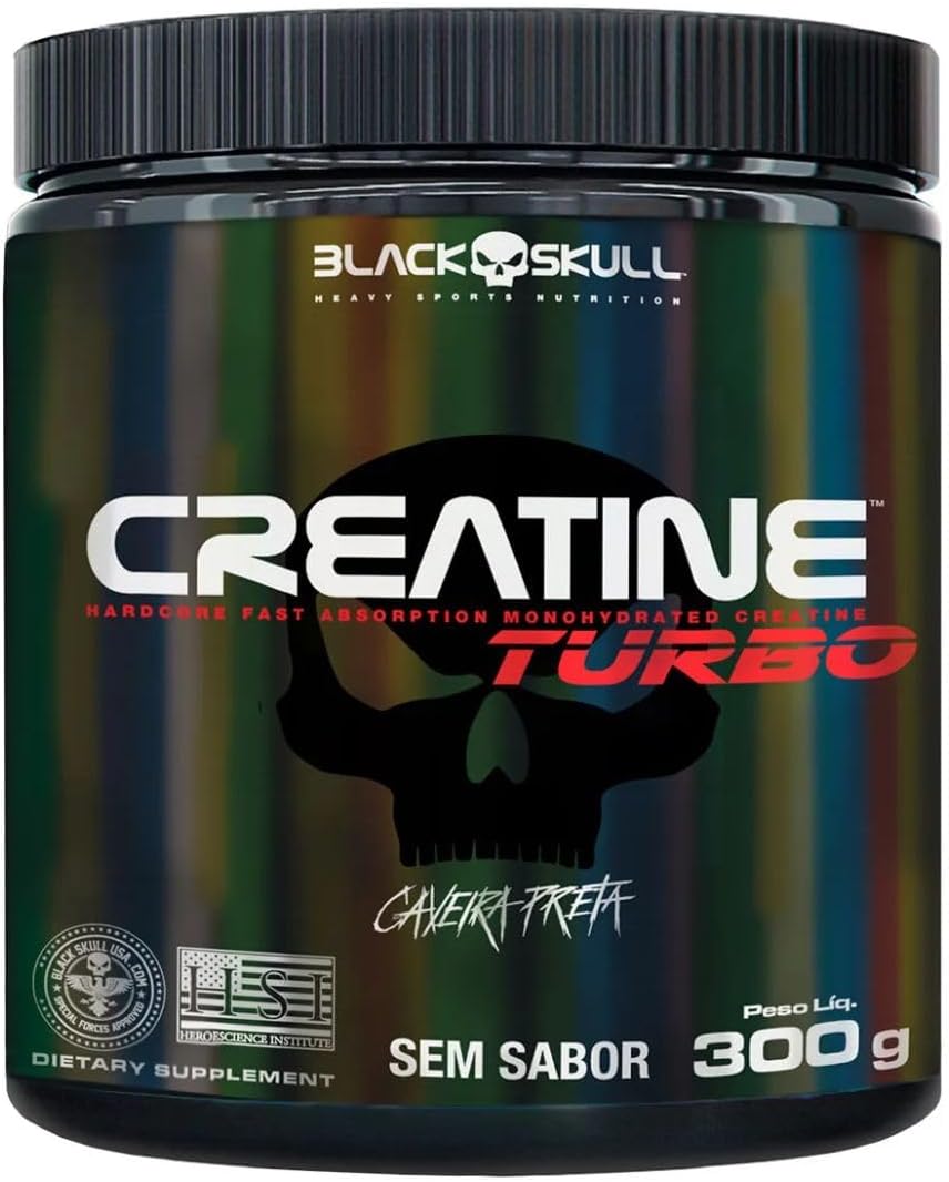 Creatine Turbo – sem sabor - Pote 300g - Black Skull - Suplementação para Treino, Performance, Ganho Muscular, Hipertrofia, Força e Resistência