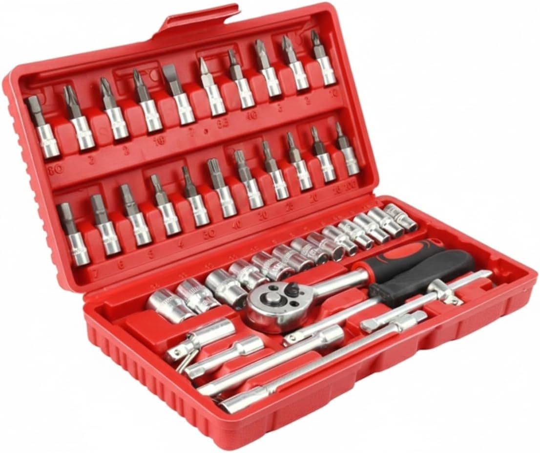 Kit Ferramentas 46 Peças Catraca 1/4 Profissional: Soquetes Allen Torx e Extensão. Completo p/Carro e Casa + Maleta (Vermelha)