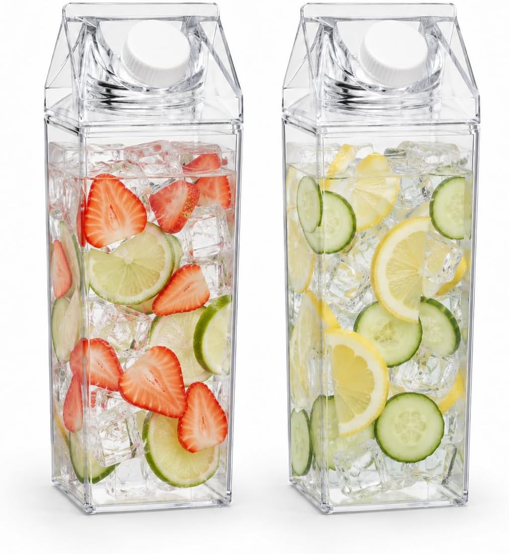 Garrafa Acrílica Transparente 1000ml, Formato Caixa de Leite, BPA Free, Tampa Rosqueável Antivazamento, Compacta (2)