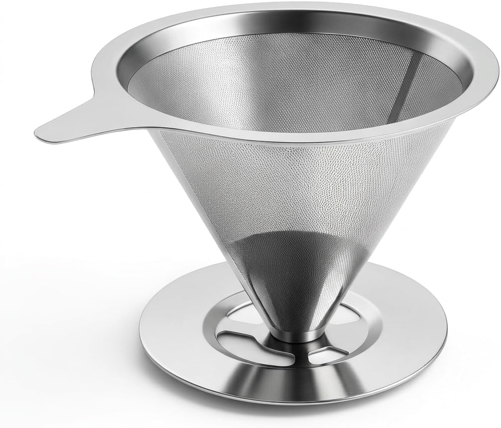 Coador de Café Inox 102 com Base, Filtro Permanente Dupla Camada, Reutilizável e Lavável, Sem Necessidade de Papel
