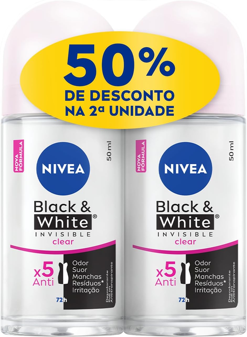 NIVEA Kit Desodorante Antitranspirante Roll On Invisible Black & White Clear 50ml