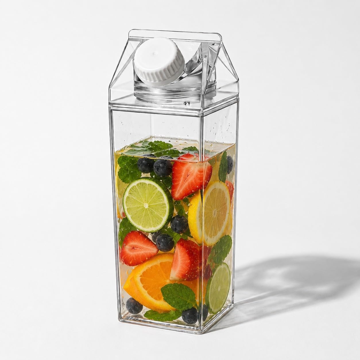 Garrafa Acrílica Transparente 500ml, Formato Caixa de Leite, BPA Free, Tampa Rosqueável Antivazamento, Compacta