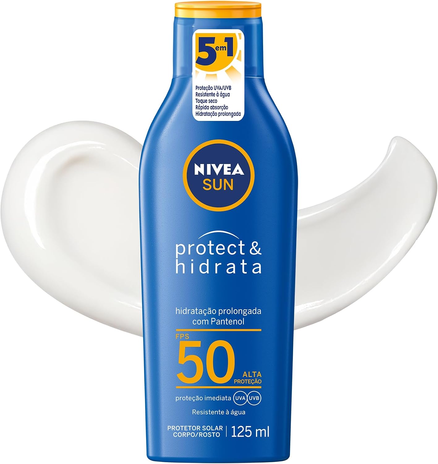 NIVEA SUN Protetor Solar Protect & Hidrata FPS 50 125ml, Alta Proteção UVA/UVB, Hidratação Prolongada, Rápida Absorção, Pantenol, Cuidado Solar Corporal e Facial