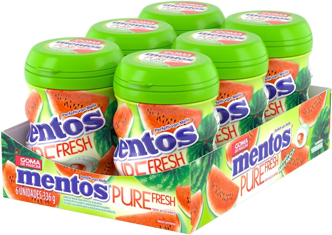 Gomas de Mascar Pure Fresh Melancia Sem Açúcar Sabor de Melancia Mentos - 336g 6 Unidades
