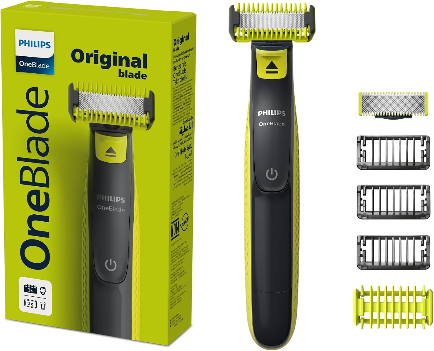 Philips OneBlade Barbeador e Aparador Elétrico para Rosto e Corpo | Barbeia e apara rosto e corpo sem irritar | Uso a Seco ou Molhado | Lâmina Dupla Face | 3 Pentes + Kit Proteção | QP2824/10