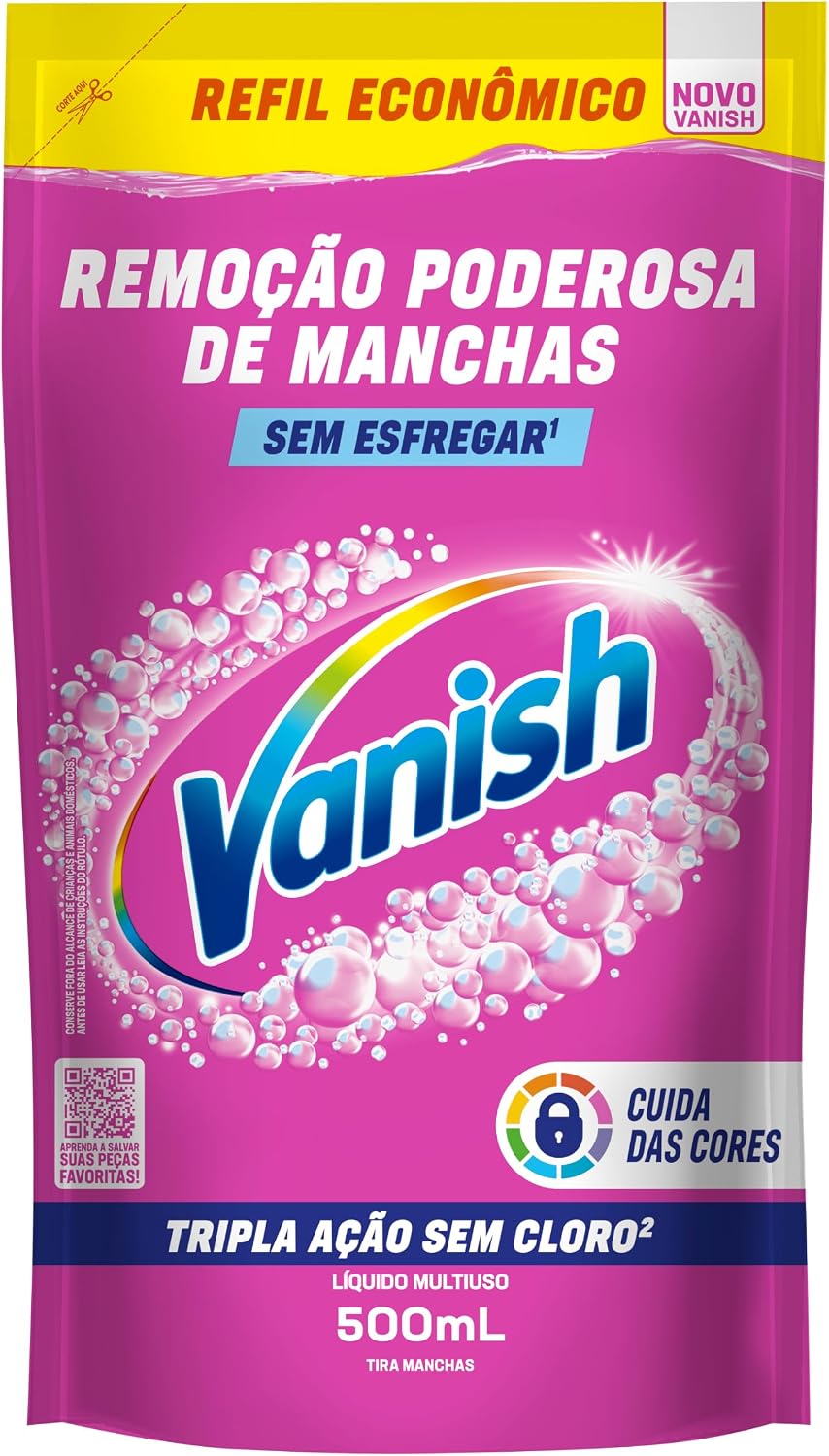 Tira Manchas Líquido Vanish Oxi Action Pink refil 500ml para Roupas Coloridas. Sem Cloro, Remove Manchas sem Danificar o Tecido, Preserva as Cores e Deixa as Roupas com Aparência de Novas