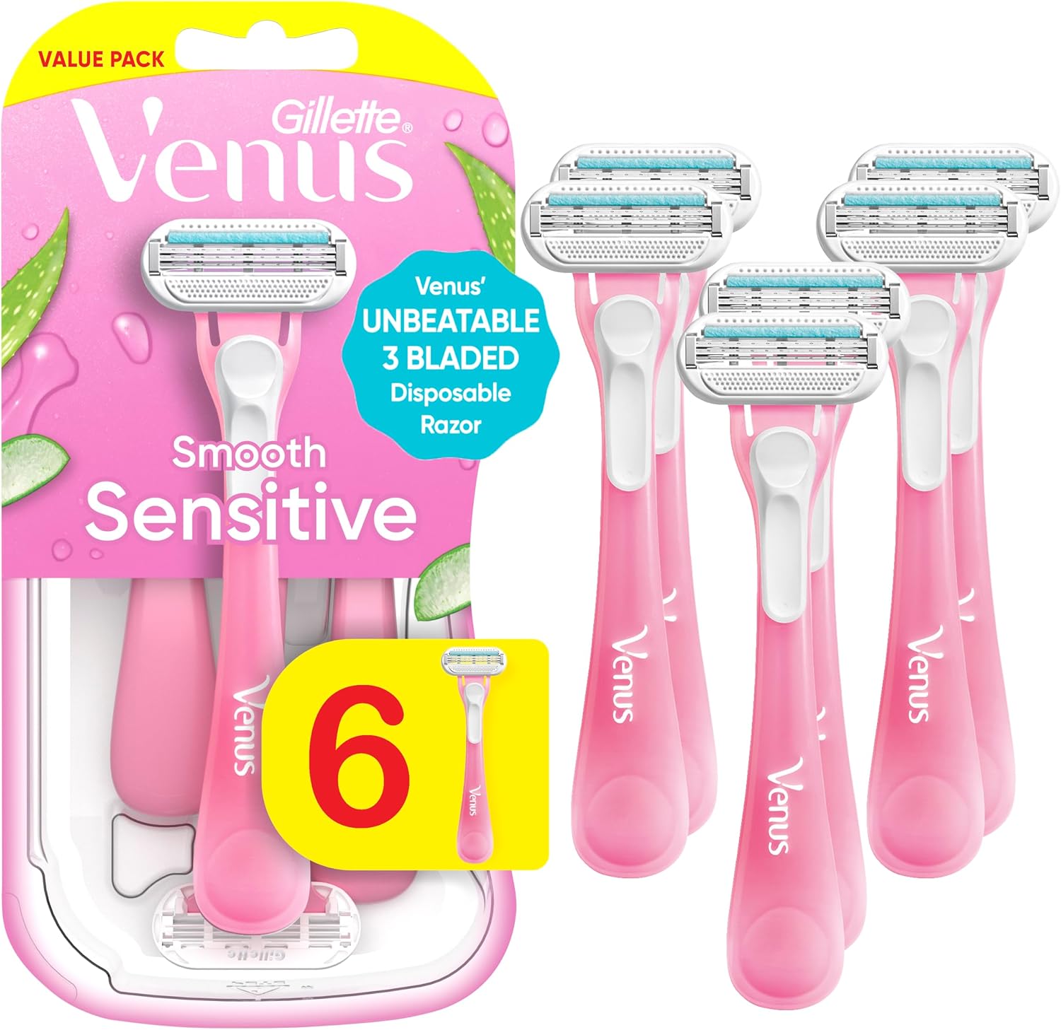 Gillette Venus Lâminas descartáveis sensíveis para mulheres com pele sensível, 6 unidades, proporciona um barbear rente com conforto