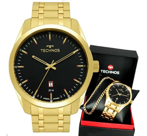 Relógio Technos Masculino Dourado Preto Com Calendário