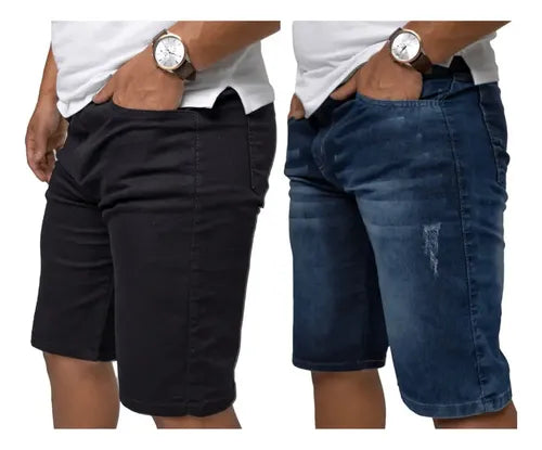 Kit 2 Bermuda Masculina Jeans Preta Lisa E Azul Bigode