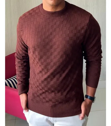 Suéter Masculino Lã Tricot Manga Longa Xadrez Blusa De Frio