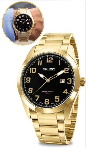 Relógio Orient Masculino Dourado Analogico Aco Prova Dagua 100M Fundo Preto Original