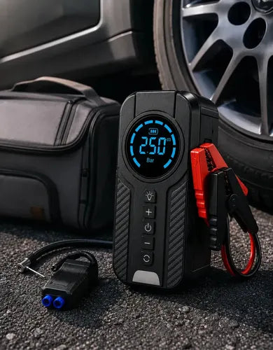Auxiliar De Partida Para Carro Compressor De Ar Portátil 12V 4 funções em 1 Inflador Digital Calibrador De Pneu Power Bank Lanterna LED Emergência Automotiva Moto SUV Bicicleta Caminhonete MidiaFone