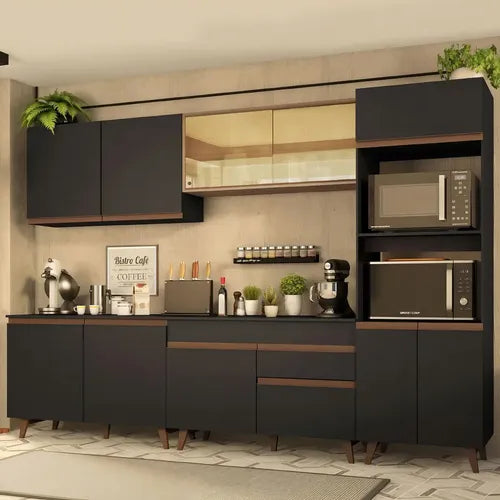 Armário de Cozinha Completa Modulada Madesa Reims Com Armário E Balcão para Cooktop Cor Preto e Rustic GRRM310001D8