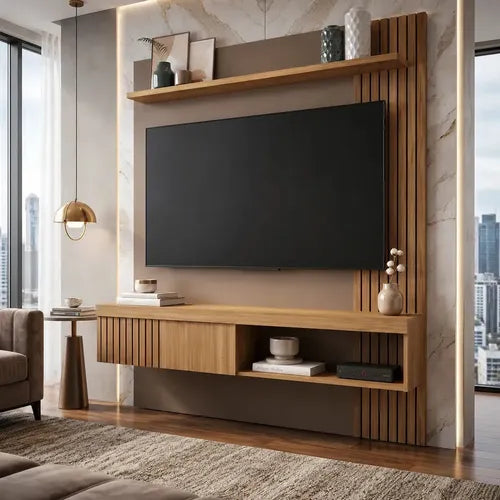 Painel Rack Suspenso Caemmun 1 Porta Ripado TV até 55" de mdf/mdp Sala Design Moderno buriti / fendi