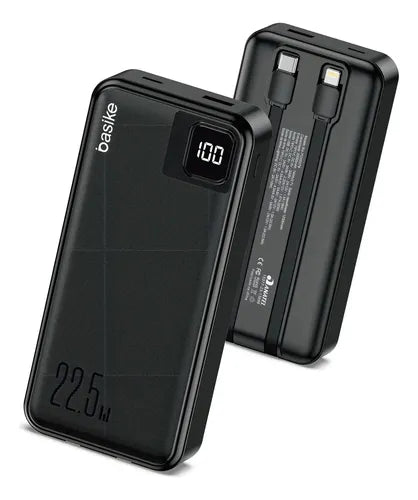 Power Bank Basike 20000mAh Preto, Carga Rápida 22.5W para iPhone e Samsung, Com Cabos Embutidos e Display