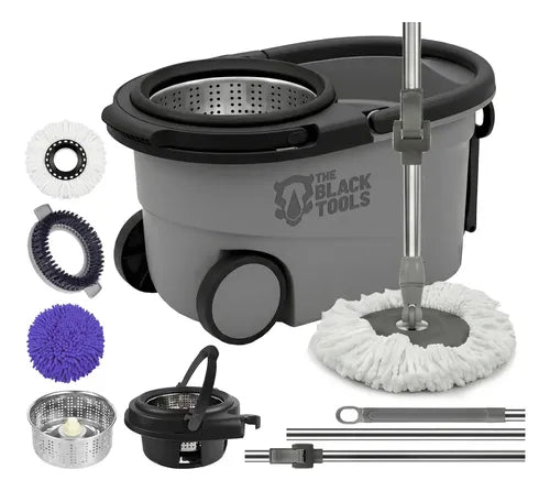 Mop The Black Tools Mop 360° Giratório TBBL04 Com Balde Centrífuga Inox Cinza Cabo Longo Alça Roda Com 3 Refis