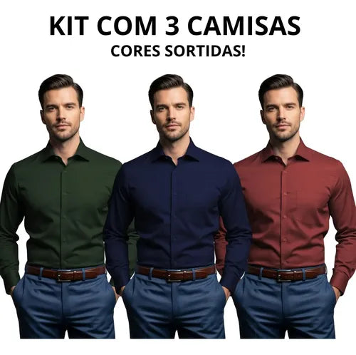 Kit 3 Camisa Social Masculina Manga Longa Promoção