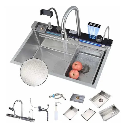 Cuba Gourmet Cozinha Winda 75x45x23cm Prata Inox 304 Smart LED Multifuncional Com Cascata, Suporte Celular E Torneira Água Filtrada