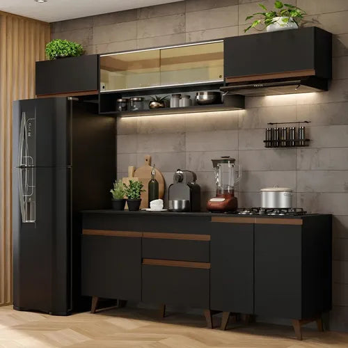 Armário De Cozinha Completa Modulada 260cm Com Balcão para Cooktop Preto Reims Madesa GRRM2600118N