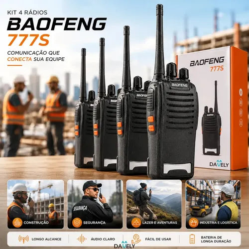 Kit 4 Rádios Comunicadores Walkie Talkie Baofeng 777S Profissional Eventos Radinho walk talk - Com Fone Microfone e Acessórios - Radio De Comunicação Segura Longo distancia Com 16 Canais Davely