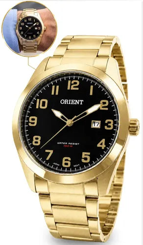 Relógio Masculino Orient Quartz Dourado Resistência Água 50m Fundo Preto