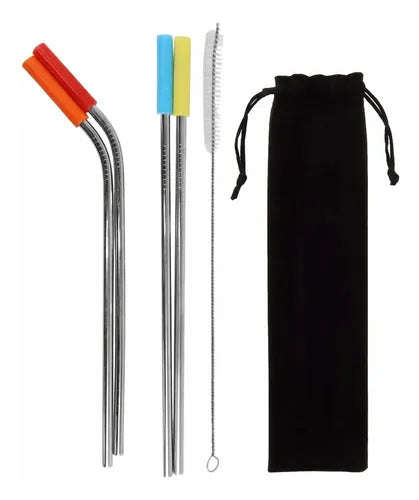 Kit 4 Canudos Inox Reutilizáveis Escova Limpeza E Saquinho