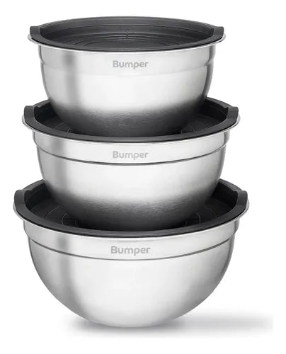 Conjunto De Bowls Tigela Inox Com Tampa Plástica Bumper Cinza