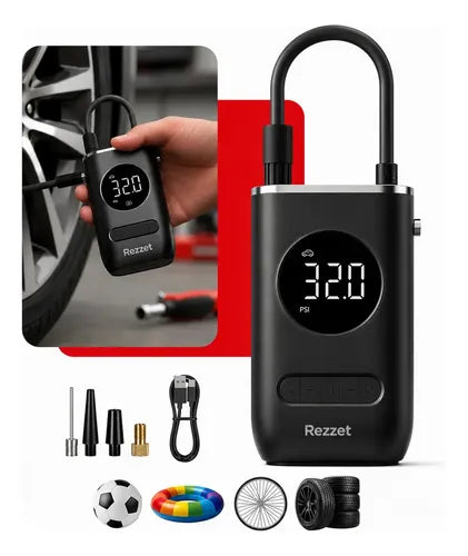 Mini Compressor Digital Portátil para Carro Moto e Bicicleta com Calibrador Digital Inflador Elétrico de Pneus LCD Lanterna LED Compacto e Recarregável Preto Marca Rezzet