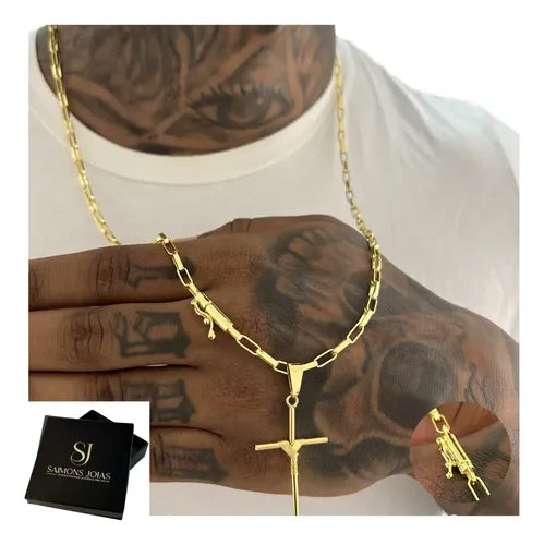 Cordão Masculino E Pingente Cruz Moeda Antiga Banho Ouro 24k